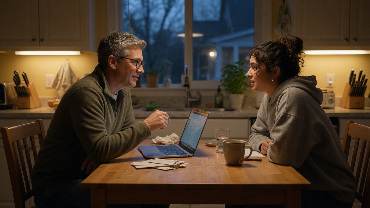 A parent and college student talking at a kitchen table