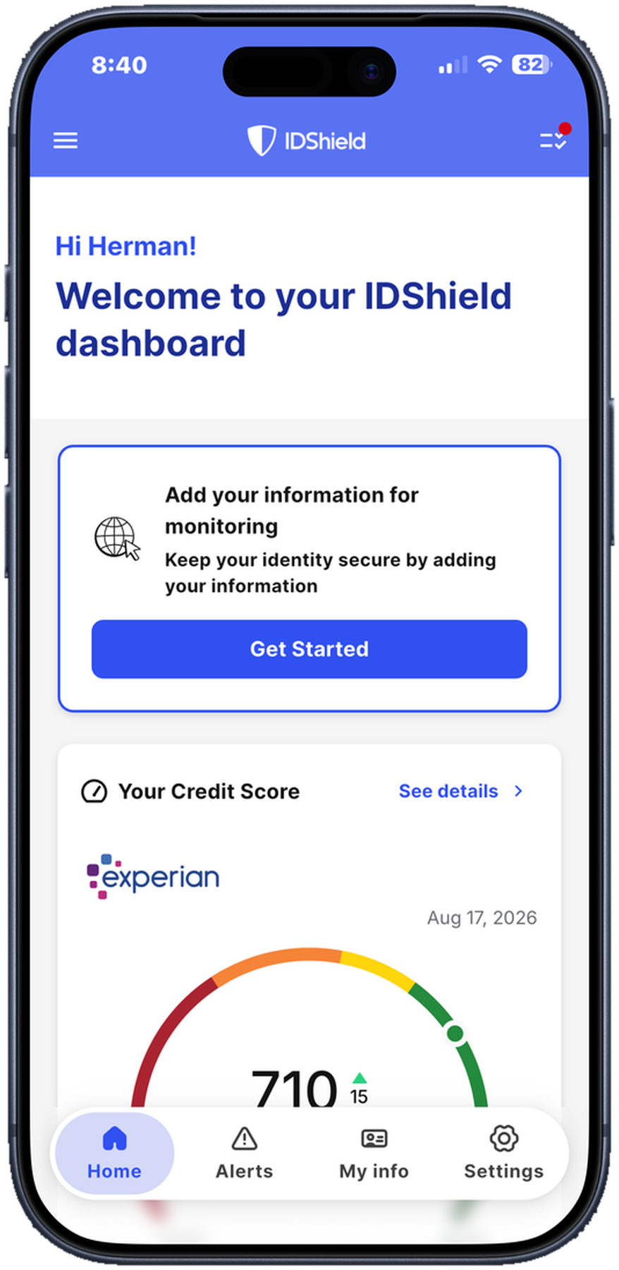 IDShield app dashboard: identity monitoring and Experian credit score on a phone
