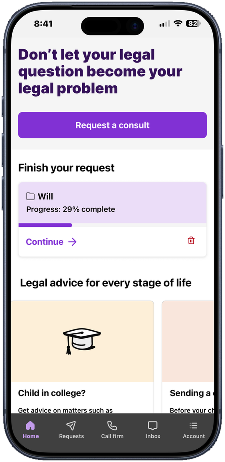 LegalShield app: request a consult, and a Child in college card