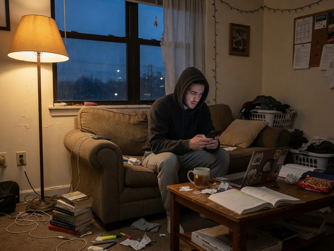 Young adult looking at a phone on a couch at dusk