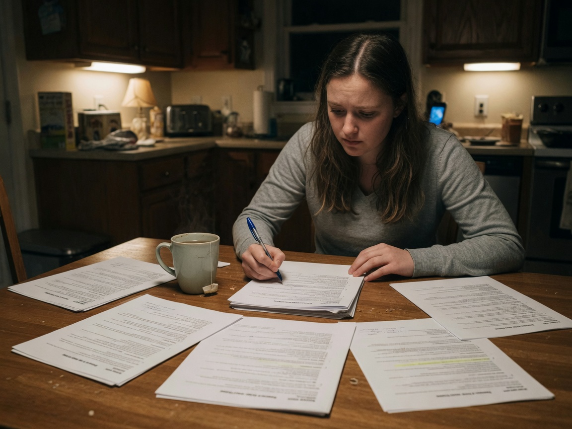 Young adult reviewing a lease at a kitchen table