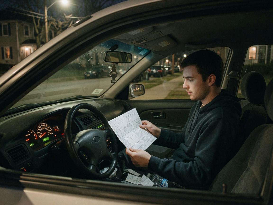 Young adult looking at a traffic ticket in a parked car